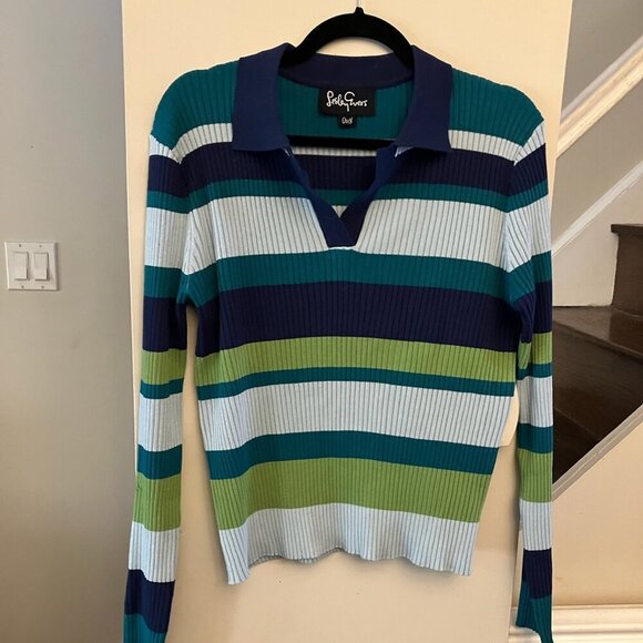 Green and Blue Striped Collared Sweater - Picture 2 of 7